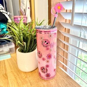 Pink Floral Smile Face 20oz Glitter Tumbler with Straw and Straw Topper new